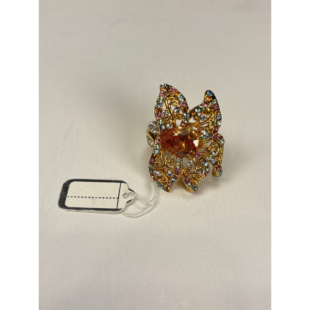 Gold Tone Multi Color‎ Rhinestone Filigree Butterfly Statement Cocktail Ring - Picture 3 of 9